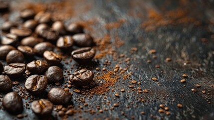 Closeup of Brown Roasted Coffee Beans Against Dark Background