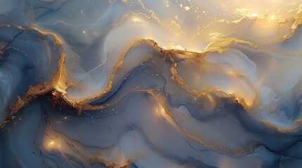   a painting of gold and blue swirls on a white and blue background with a light shining in the middle of the image and the top right corner of the image.