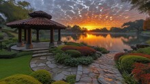  A Gazebo Sitting On Top Of A Lush Green Field Next To A Body Of Water Under A Sky Filled With Clouds And A Sun Setting Over A Body Of Water.