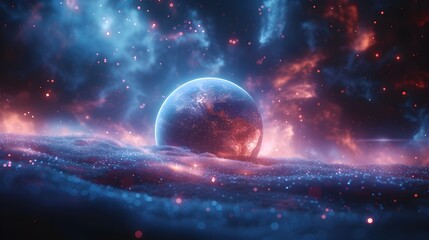 Planet lying on the waves from chatitz. Fantastic space sky with beautiful stars and galaxies, 3D illustration.