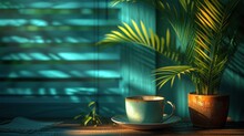  A Cup Of Coffee On A Saucer Next To A Potted Plant On A Table In Front Of A Window With Shades Of Blue And Green Shutters In The Background.