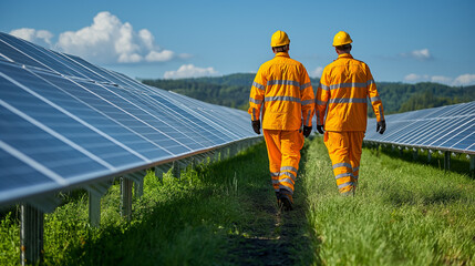 electrician with engineer checking at solar power station,solar energy panels,renewable energy frien