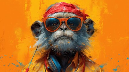 Canvas Print -  a monkey wearing headphones and sunglasses with a red bandanna around its neck and a red bandanna around its neck and a pair of headphones in front of its eyes.