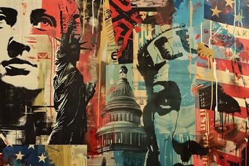 Collage with American symbolism and political figures. Pop art style digital collage. American culture and history concept. Design for poster, banner, social media. Flag of the United States