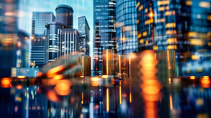 Cityscape at night, where lights and architecture merge in a fast-paced urban environment, reflecting the business and speed of city life