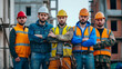 © Ed - Banner with workers in construction clothing and safety helmets against the background of a standing house, Labor Day poster