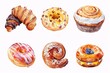An artistic rendition of a bakery with six distinct watercolor icons, each isolated on a pristine white background