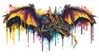  a drawing of a dragon with colorful paint splatters on it's body and wings, with a dragon's head sticking out of it's wings.