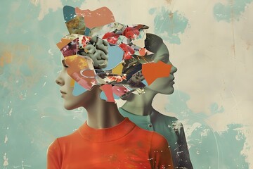 Two women with colorful abstract collage. Digital art. Design for poster, banner, social media. Mixed media style. Mental health concept. Representation of bipolar disorder