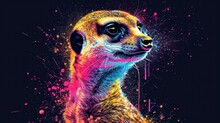  A Painting Of A Meerkat On A Black Background With Colorful Paint Splattered 
