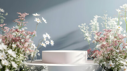 Wall Mural - Podium flower product white 3d spring table beauty stand display nature white. Garden floral background cosmetic field scene gift day