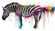  a zebra standing in front of a white background with multicolored paint splatters on it's body and head and neck, with a black and white background of multi - colored with multi - colored.