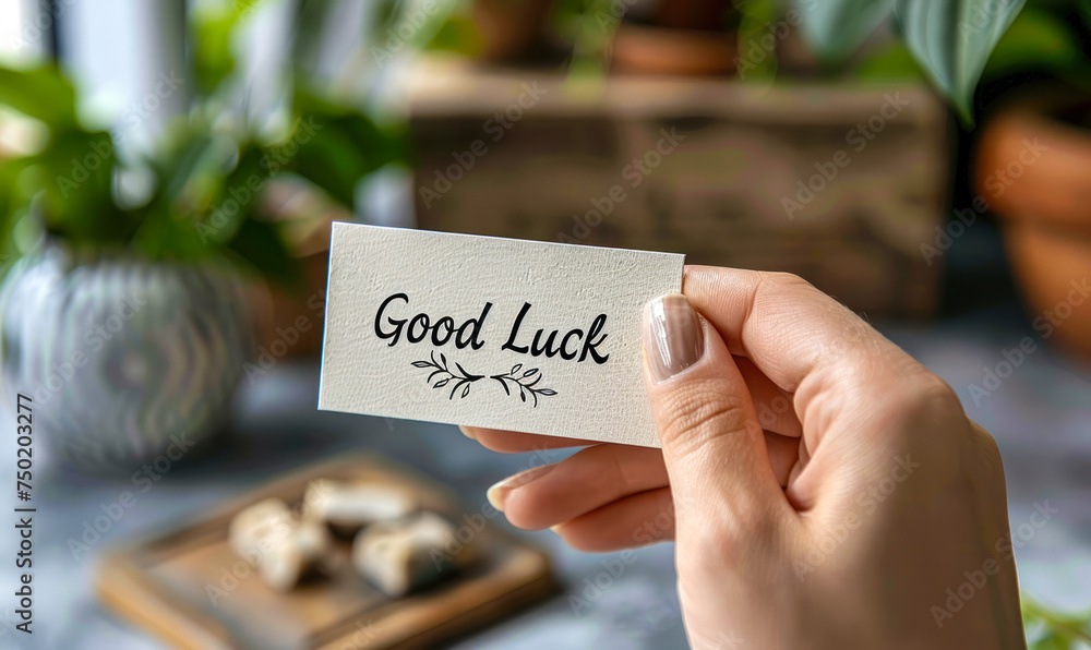 Goodluck Script Hand holding a Good Luck card with elegant script font, a gesture of ...