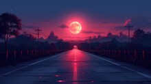  The Sun Is Setting Over A Road With Power Lines And Telephone Poles On Either Side Of The Road And Trees On Both Sides Of The Road, And A Full Moon In The Distance.