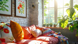 Fototapeta  - Bright and cozy home interior with a modern sofa and colorful decorations, stylish living room design