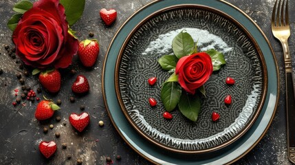  a close up of a plate with a flower on it with strawberries and a knife and fork on the side of the plate and two roses on the plate.