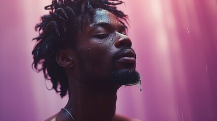 Sticker -  a man with dreadlocks standing in front of a purple background with water droplets on his face and his head tilted to the side, with his eyes closed.