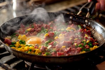 Traditional breakfast skillet with eggs, vegetables, and meat sizzling, emphasizing hearty meals and cooking at home
