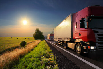 Wall Mural - Truck on the road at sunset