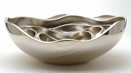 Wall Mural -  a silver bowl sitting on top of a white counter top with a wavy design on the side of the bowl and the top of the bowl in the shape of the shape of a wave.