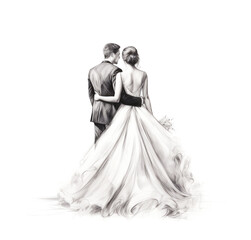 Wall Mural - Watercolor Groom and Bride Backwards Isolated on White, wedding background in Black and White