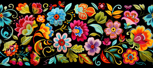 Colorful Flowers Embroidered Decorative Textile Seamless Pattern