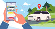 Rent car for city ride, banner design template. Mans hands holding phone with carsharing, rental service mobile app on screen and Done button to share and order transport cartoon vector illustration