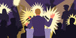 © Natalia - Man speaker speaking from podium in spotlight and camera flashes, back view. Public interview of politician or male leader in front of mass media journalists silhouettes cartoon vector illustration