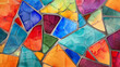 Detailed image capturing an abstract stained glass design with bold, saturated colors and metallic lines separating the segments