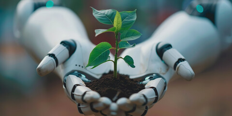 robot hands taking care of a growing plant