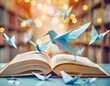 origami bird taking flight, of the open book, the magic of reading, fantasy world