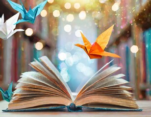 Wall Mural - origami bird taking flight, of the open book, the magic of reading, fantasy world