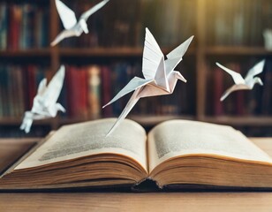 Wall Mural - origami bird taking flight, of the open book, the magic of reading, fantasy world