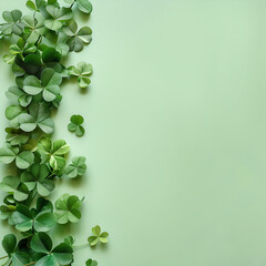 Wall Mural - st patrick background: green shamrocks clover leaves on side of pastel colored background