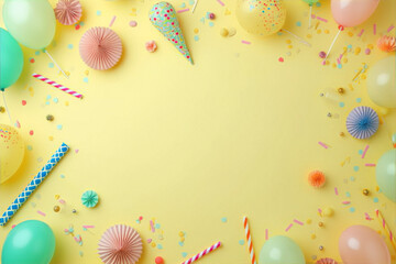 Wall Mural - Colorful party items frame over a pastel yellow background.