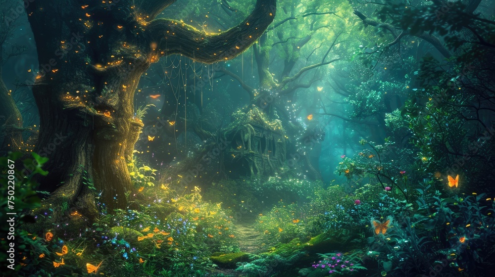 An enchanted forest with magical creatures, glowing plants, ancient ...
