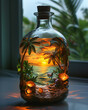 Artistic Terrarium Bottle with Miniature Beach Sunset and Turtles
