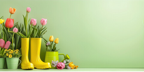 Colorful tulips and other flowers in a green watering can and yellow boots on a green background