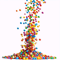 Colorful gumballs falling on white background, food, candy, sweet, isolated