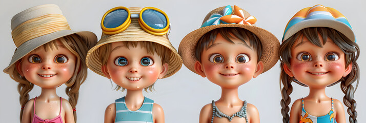 Wall Mural - An animated 3D cartoon image of smiling kids with beach accessories standing together.