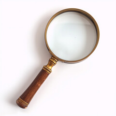 ornate vintage magnifying glass with a wooden handle isolated on white background