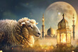 Sheep with lantern at night in front of mosque, 3d rendering, Ai Generated