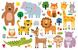 Fototapeta Dinusie - Animal JungleCute wild woodland safari jungle animals vector illustration including a bear, elephant, tiger, lion, fox, giraffe, rabbit, deer, crocodile, owl, monkey, and hippo.
