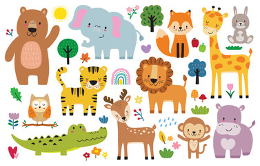 animal junglecute wild woodland safari jungle animals vector illustration including a bear, elephant