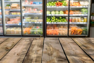 Sticker - Blurry background showing frozen foods on supermarket commercial refrigerators next to a wood table