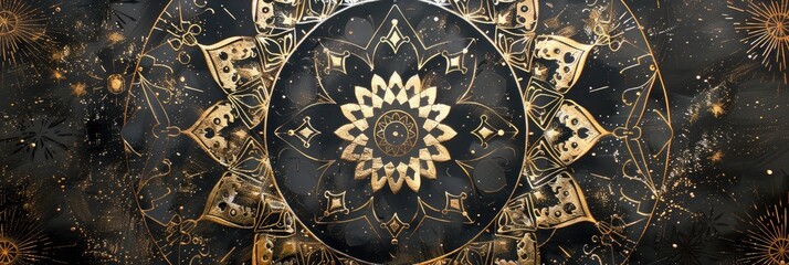 Wall Mural - A celestial-themed mandala with intricate geometric patterns and gold metallic highlights 