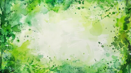 Wall Mural - Watercolor painting, St. Patrick's Day celebration, abstract green background with a central void for copy, splashes and droplets around the edges, vibrant green palette. Card. Banner