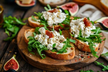 Wall Mural - Cheese sandwiches with fig jam rucola on wood plate
