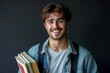 Closeup of a cheerful prepared man holding books ready to ace his exam with a positive expression on his face isolated on a dark background