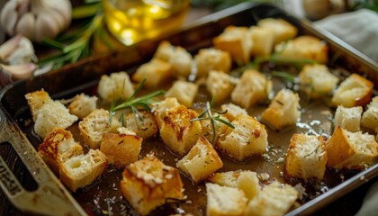 Ciabatta diced and seasoned with oil rosemary and garlic on a baking sheet